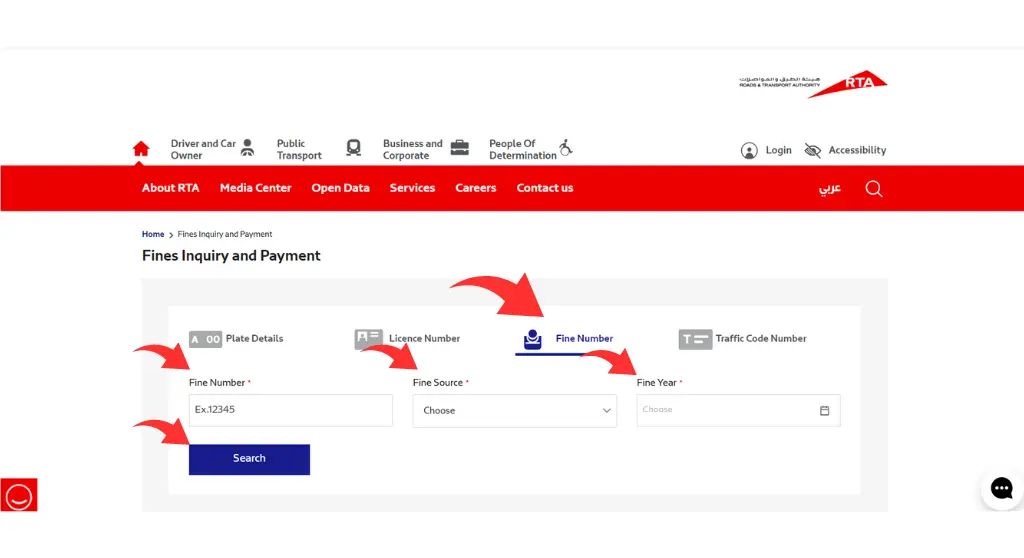 Click on “Fine Number on RTA Web