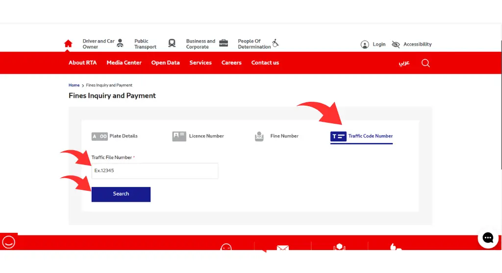 Enter your traffic code number. Click Search on RTA Website