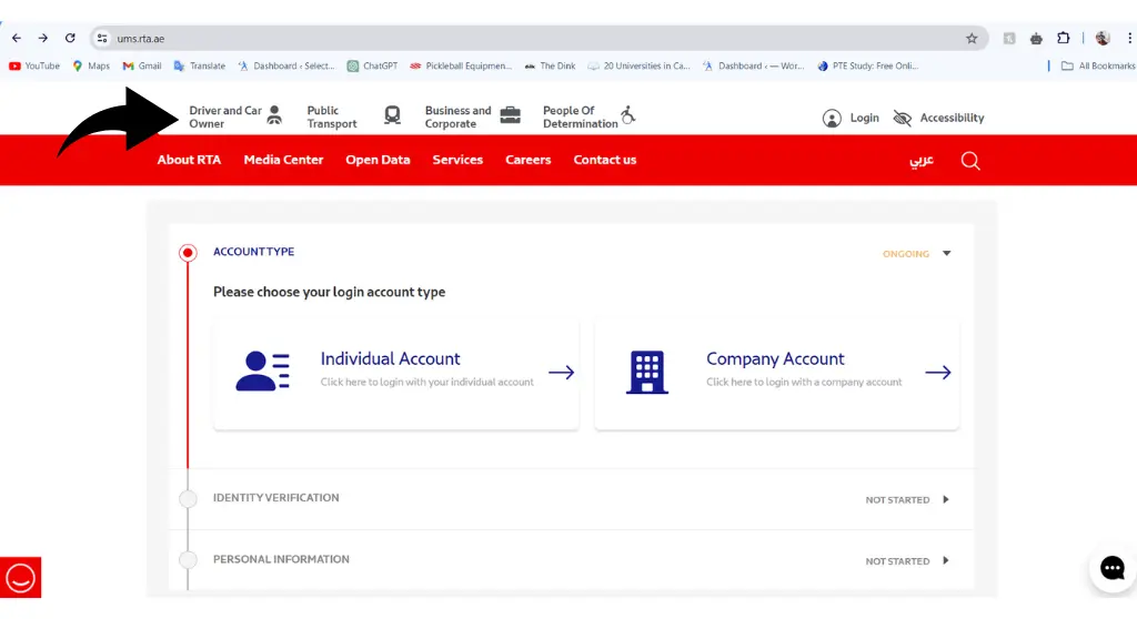 Navigate to Driver and Car Owner on RTA Website