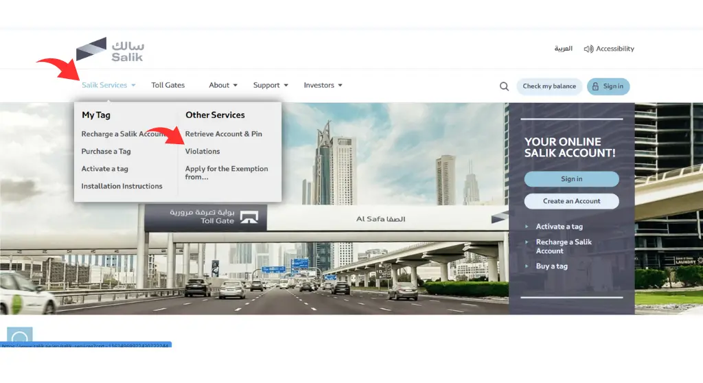 Salik Services” and click on “Violations”. on Salik Website