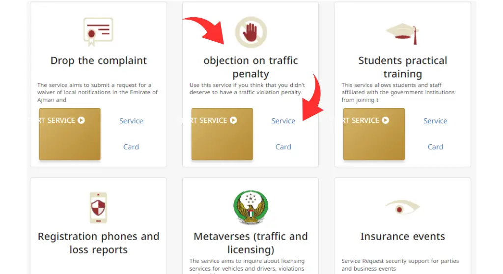 Scroll down to objection on traffic penalty and click on the Service Card button.