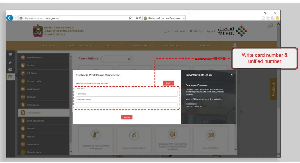UAE Visa Cancellation Procedure for All Types of Visas in 2025 3 2 enter Card Number and Unified Number