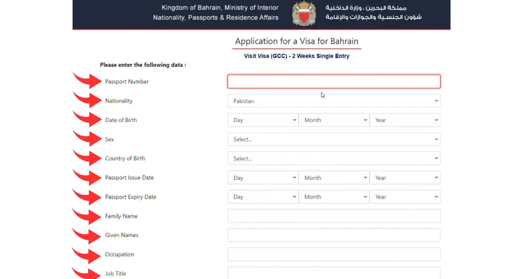 Fill personal Information for Bahrain Visa