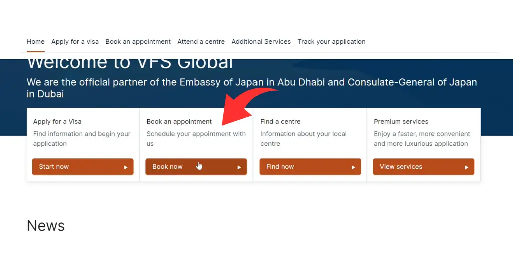click on Book an Appointment for UAE to Japan Visit Visa