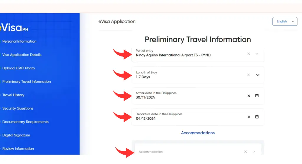 5 Enter the date of your arrival in the Philippines as well as your departure date