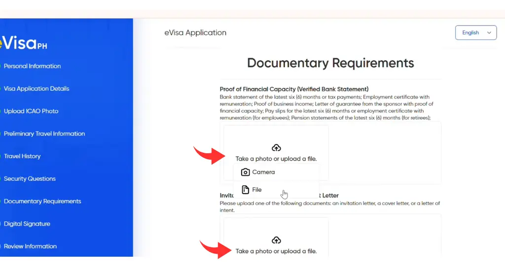 8 upload a 6-month bank statement for the Philippine e-visa application